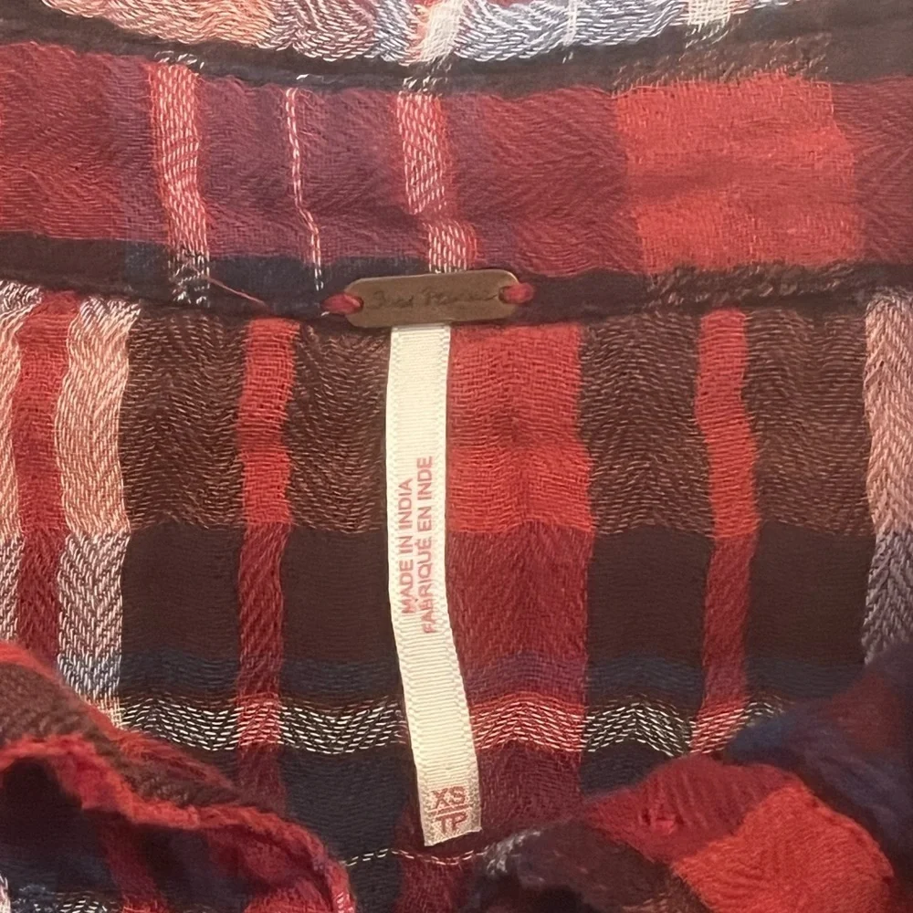 Free People XS Plaid Embroidered Button-Up Shirt Red/Blue Long Sleeve Cotton
